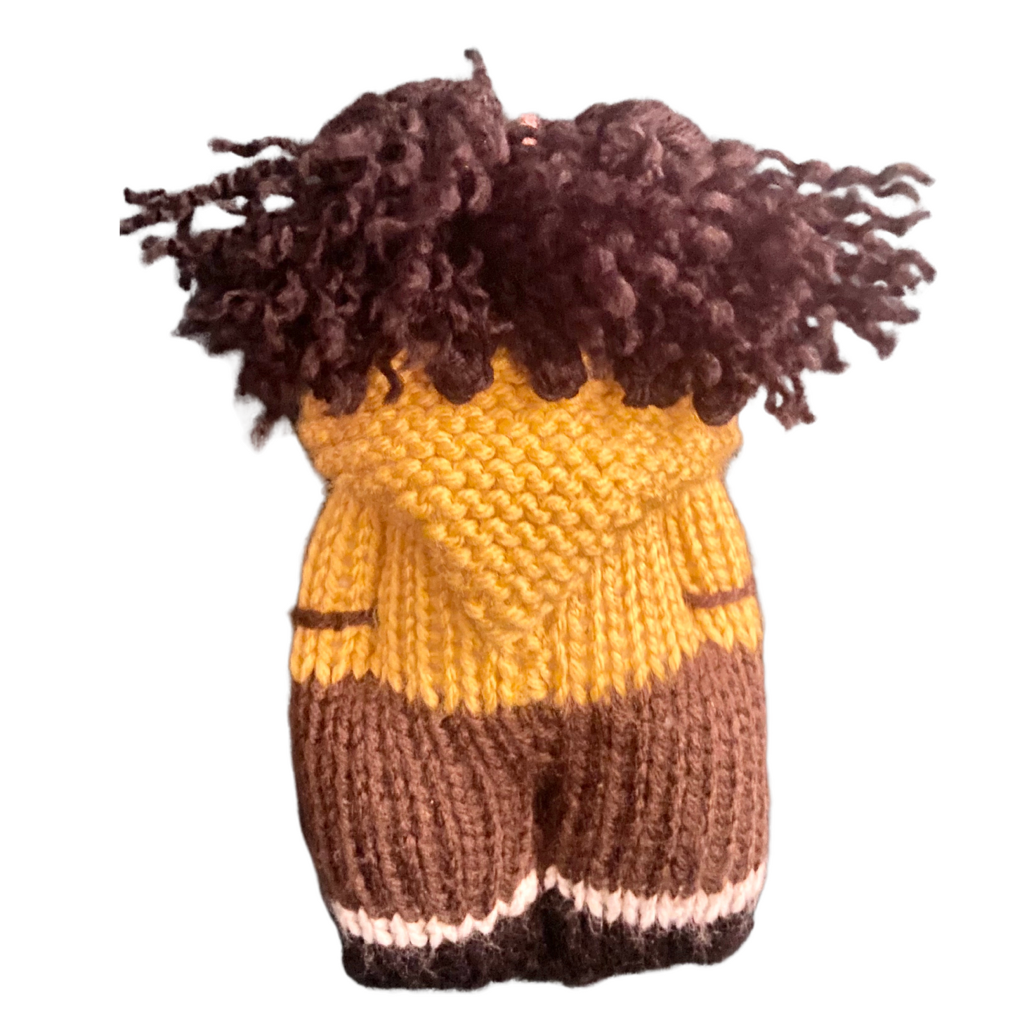 Black Knit doll: Braided two buns character from book with yellow hoodie