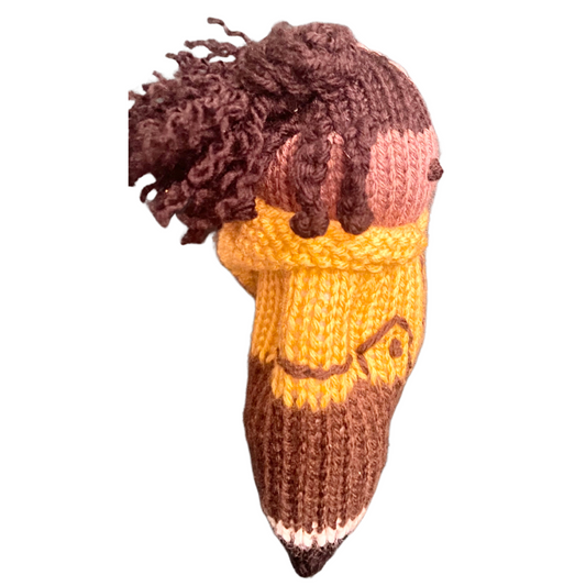 Black Knit doll: Braided two buns character from book with yellow hoodie