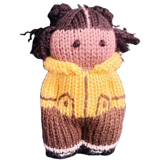 Black Knit doll: Braided two buns character from book with yellow hoodie