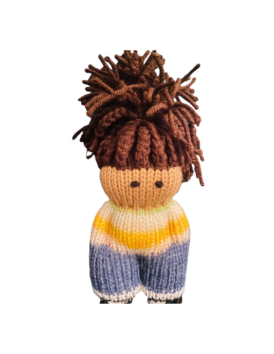 Black knit doll with Locs in top knit with yellow & white sweater + blue pants and shoes